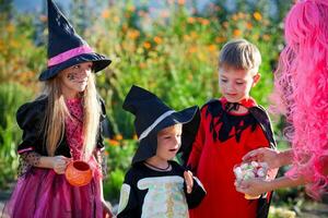 gruppo bambini trucco o trattare nel Halloween costume . un' poco ragazzi e un' ragazza nel tute ricevere caramella a partire dal un' donna . foto