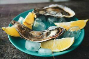 avvicinamento di fresco Aperto crudo Ostriche su un' blu piatto, con Limone e Ghiaccio. salutare frutti di mare. Visualizza a partire dal sopra. frutti di mare. buongustaio cibo. foto