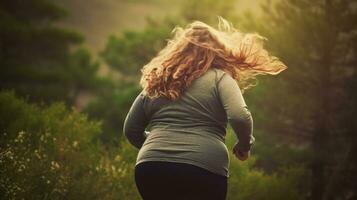 un' paffuto donna con rosso capelli corre lungo il strada nel il strada. sport e peso perdita concetto. generativo ai foto