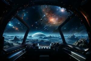 futuristico cabina di pilotaggio di navicella spaziale controllo sistema camera con pianeti Visualizza scenario, esterno spazio, astronauta. pianeta orizzonte, ai generativo foto