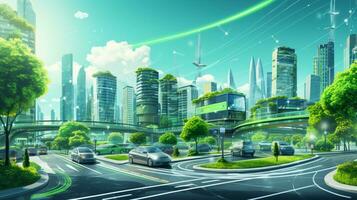 inteligente città futuristico paesaggio urbano con leggero sentieri Collegare con onda linea creativo disegno, grande dati connessione tecnologia concetto, digitale orizzonte, ai generativo foto