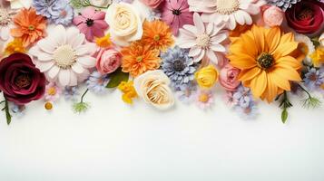 colorato fiore disposte su bianca sfondo, copia spazio, ai generativo foto