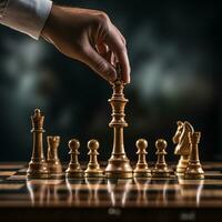 mano di uomo d'affari giocando un' gioco di scacchi, strategia tavola gioco, problema risolvendo, rischio gestione., ai generativo foto