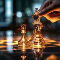 avvicinamento di un' gioco di scacchi tecnologia design Schermo attività commerciale gestione prestazione e finanziario flussi, strategia tavola gioco, problema risolvendo, ai generativo foto