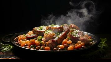 piatto di gustoso francese specialità il cassouleto, caldo sbuffando Fumo appena cucinato, ai generativo foto