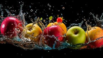 fresco succoso Mela frutta con acqua spruzzo isolato su sfondo, salutare frutta, ai generativo foto