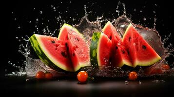 fresco succoso affettato anguria frutta con acqua spruzzo isolato su sfondo, salutare frutta, ai generativo foto