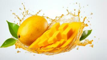 fresco succoso Mango con acqua spruzzo isolato su sfondo, salutare tropicale frutta, ai generativo foto