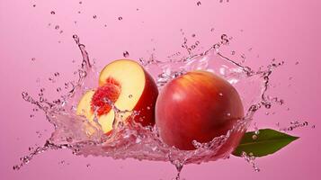 fresco succoso pesca frutta con acqua spruzzo isolato su sfondo, salutare frutta, ai generativo foto