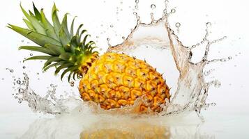 fresco succoso ananas frutta con acqua spruzzo isolato su sfondo, salutare tropicale frutta, ai generativo foto