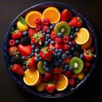 ciotola di salutare fresco frutta insalata, vicino su di un' colorato misto tropicale frutta, copia spazio, ai generativo foto