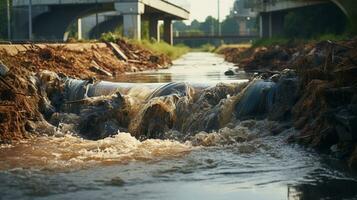 contaminati acqua concetto, sporco acqua flussi a partire dal il tubo in il fiume, acqua inquinamento, ambiente contaminazione, ai generativo foto