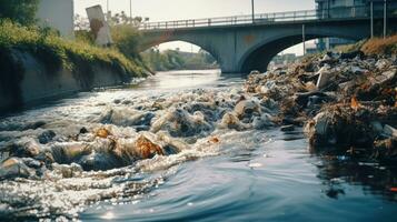 contaminati acqua concetto, sporco acqua flussi a partire dal il tubo in il fiume, acqua inquinamento, ambiente contaminazione, ai generativo foto