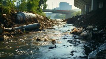 contaminati acqua concetto, sporco acqua flussi a partire dal il tubo in il fiume, acqua inquinamento, ambiente contaminazione, ai generativo foto