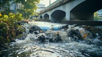 contaminati acqua concetto, sporco acqua flussi a partire dal il tubo in il fiume, acqua inquinamento, ambiente contaminazione, ai generativo foto