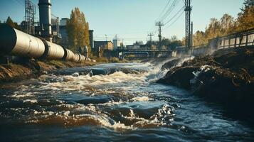 contaminati acqua concetto, sporco acqua flussi a partire dal il tubo in il fiume, acqua inquinamento, ambiente contaminazione, ai generativo foto