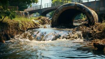 contaminati acqua concetto, sporco acqua flussi a partire dal il tubo in il fiume, acqua inquinamento, ambiente contaminazione, ai generativo foto