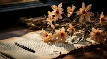 bellissimo fiore su Nota carta, sereno poesia concetto, piatto posizione, ai generativo foto