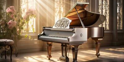 vicino su di un elegante mille dollari pianoforte con caldo luce del sole, lusso, romantico scenario, musica strumento, ai generativo foto