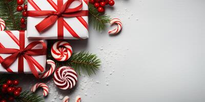 Natale involucro regalo, regalo scatola con nastro, copia spazio, ai generativo foto