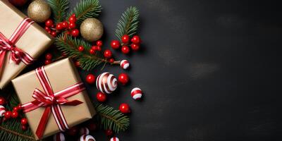 Natale involucro regalo, regalo scatola con nastro, copia spazio, ai generativo foto