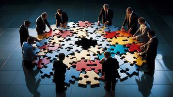 attività commerciale persone Lavorando insieme, sega puzzle rappresentare uomini d'affari opera insieme per trova soluzione, ai generativo foto
