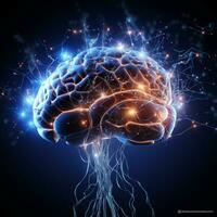 umano cervello nervoso sistema e raggiante neuroni, scienza concetto, ai generativo foto