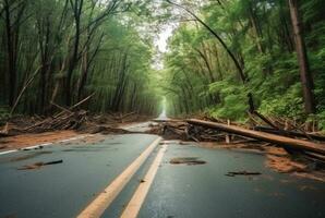 Visualizza di un asfalto strada nel il mezzo di un' foresta con alberi collasso dovuto per un' naturale disastro. generativo ai foto