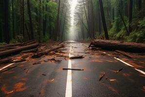 Visualizza di un asfalto strada nel il mezzo di un' foresta con alberi collasso dovuto per un' naturale disastro. generativo ai foto