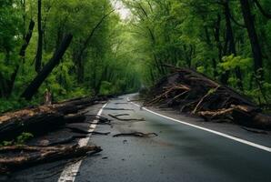 Visualizza di un asfalto strada nel il mezzo di un' foresta con alberi collasso dovuto per un' naturale disastro. generativo ai foto