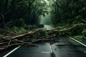 Visualizza di un asfalto strada nel il mezzo di un' foresta con alberi collasso dovuto per un' naturale disastro. generativo ai foto