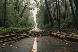 Visualizza di un asfalto strada nel il mezzo di un' foresta con alberi collasso dovuto per un' naturale disastro. generativo ai foto