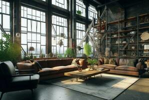 interno design di vivente camera nel industriale stile con grande finestre decorato con calcestruzzo. generativo ai foto