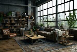 interno design di vivente camera nel industriale stile con grande finestre decorato con calcestruzzo. generativo ai foto