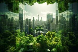 verde città, doppio esposizione di lussureggiante verde foresta e moderno grattacieli finestre. generativo ai foto
