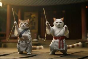 un' paio di gatti indossare marziale armatura. è praticante marziale arti kung fu di giocando bastone. generativo ai foto