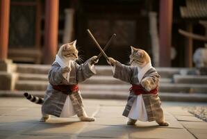 un' paio di gatti indossare marziale armatura. è praticante marziale arti kung fu di giocando bastone. generativo ai foto