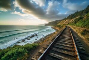 Visualizza di Ferrovia brani con spiaggia. generativo ai foto