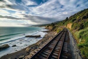 Visualizza di Ferrovia brani con spiaggia. generativo ai foto