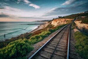 Visualizza di Ferrovia brani con spiaggia. generativo ai foto