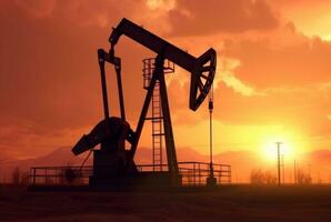 greggio olio pumpjack impianto su deserto silhouette nel sera tramonto, energia industriale macchina per petrolio gas produzione sfondo. generativo ai foto