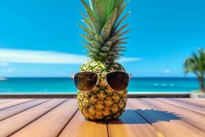 estate concetto carino ananas frutta con bicchieri su di legno tavolo con spiaggia sfondo e chiaro blu cielo. generativo ai foto