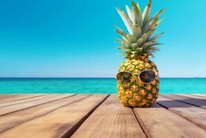 estate concetto carino ananas frutta con bicchieri su di legno tavolo con spiaggia sfondo e chiaro blu cielo. generativo ai foto