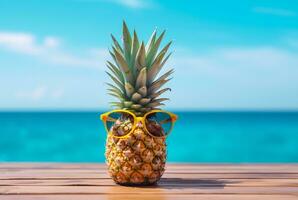 estate concetto carino ananas frutta con bicchieri su di legno tavolo con spiaggia sfondo e chiaro blu cielo. generativo ai foto