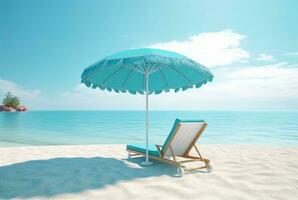 spiaggia sedie e ombrello su il spiaggia, viaggio concetto, generativo ai foto