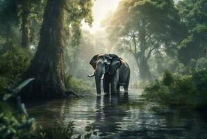 elefante nel il fiume nel il mezzo di il foresta. generativo ai foto