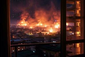 città incendi visto a partire dal Hotel camera finestra. generativo ai foto