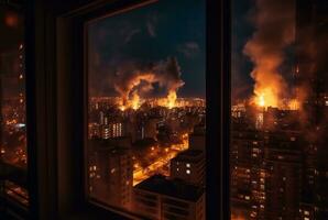 città incendi visto a partire dal Hotel camera finestra. generativo ai foto