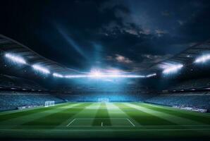 stadio nel luci a notte. brillante luci, Visualizza a partire dal campo. generativo ai foto