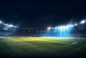 stadio nel luci a notte. brillante luci, Visualizza a partire dal campo. generativo ai foto